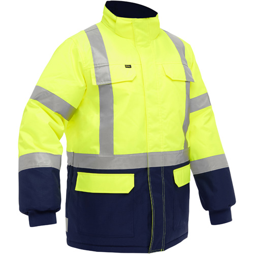Manteau pour le froid extr&ecirc;me avec bas bleu marin et X au dos Bisley, Polyester, Jaune lime haute visibilit&eacute;, Petit Air Extreme Inc.
