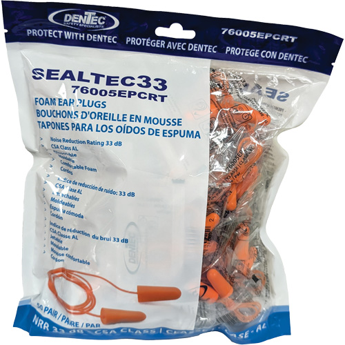 Bouchons d'oreilles coniques jetables en mousse de PU orange SEALTEC33, Vrac - Sac en poly, Avec cordon Air Extreme Inc.