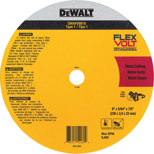 Meule de tronçonnage des m&eacute;taux FlexVolt, 9-1/16" x 0,078", Arbre 22,23 mm, C&eacute;ramique, Type 1 Air Extreme Inc.