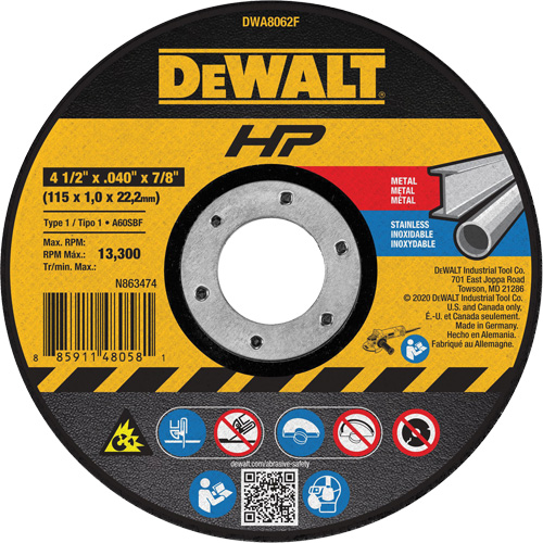 Meule de tronçonnage des m&eacute;taux HP, 4-1/2" x 0,04", Arbre de 7/8", Type 1, Oxyde d'aluminium, 13 300 Tr/min Air Extreme Inc.