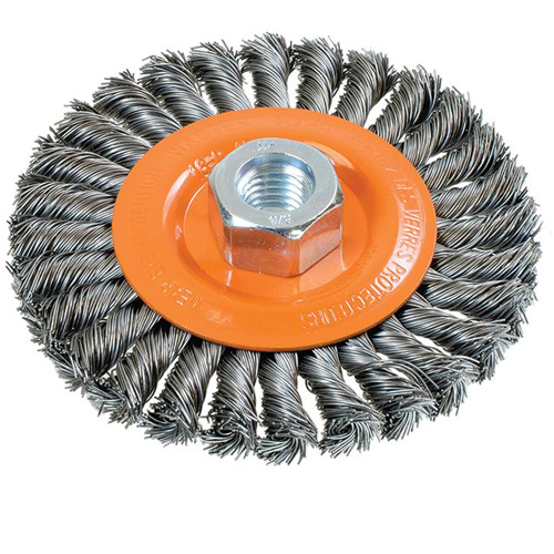 Brosse rotative &agrave; fils nou&eacute;s large, Dia. 4-1/2", Fils 0,02", Arbre 5/8"-11, Acier Air Extreme Inc.