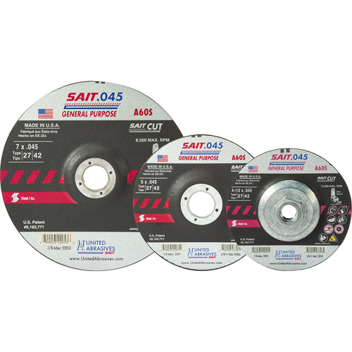 Disque de coupe Sait, 5" x 0,045", Arbre de 7/8", Type 27, Oxyde d'aluminium, 12 200 Tr/min Air Extreme Inc.