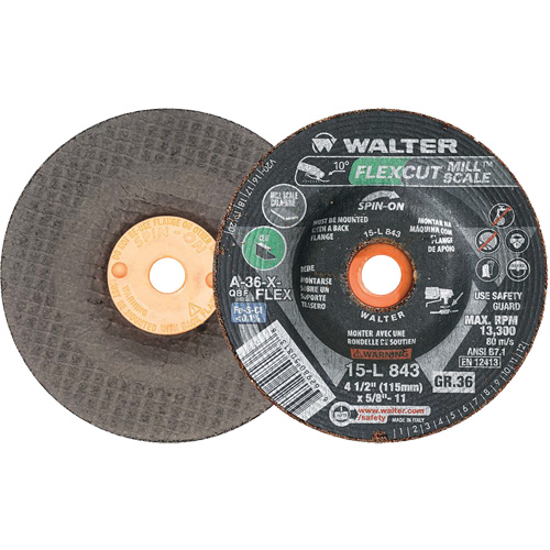 FLEXCUT MILL SCALE Grinding Wheel, 4-1/2", 36 Grit, Aluminum Oxide, 5/8"-11, 13300 RPM, Type 29 Air Extreme Inc.