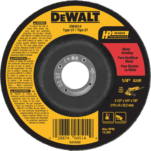 High Performance Metal Grinding Wheel, 4-1/2" x 1/4", 7/8" Arbor, Aluminum Oxide, Type 27 Air Extreme Inc.