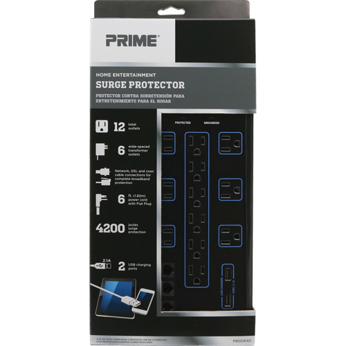 Limiteurs de surtension avec chargeur USB, 12 Prises, 4200 J, 1875 W, Cordon 6' Air Extreme Inc.