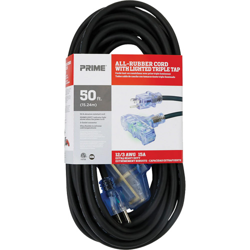 All-Rubber Extension Cord, Outdoor, SJOOW, 12/3 AWG, 15 A, 3 Outlet(s), 50' Air Extreme Inc.