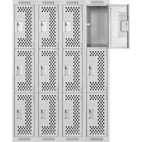 Clean Line Lockers, 3 -tier, Bank of 4, 48" x 12" x 72", Steel, Grey, Rivet (Assembled), Perforated Air Extreme Inc.