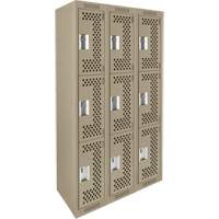 Clean Line Lockers, 3 -tier, Bank of 3, 36" x 12" x 72", Steel, Beige, Rivet (Assembled), Perforated Air Extreme Inc.