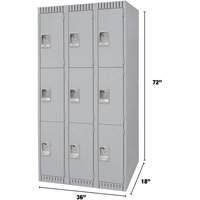 Lockers, 3 -tier, Bank of 3, 36" x 18" x 72", Steel, Grey, Knocked Down Air Extreme Inc.