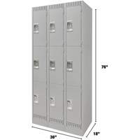 Lockers, 3 -tier, Bank of 3, 36" x 18" x 76", Steel, Grey, Knocked Down Air Extreme Inc.