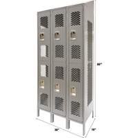Vented Lockers, 2 -tier, Bank of 3, 36 x 18" x 88", Steel, Grey, Knocked Down, Perforated Air Extreme Inc.